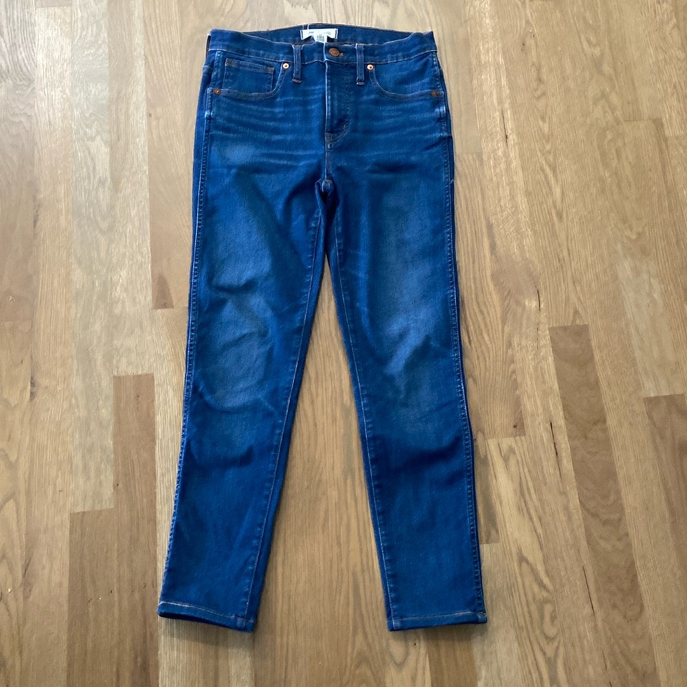 Madewell Womenโs Blue Medium Wash Cotton Denim 9โ High Rise Skinny Jeans